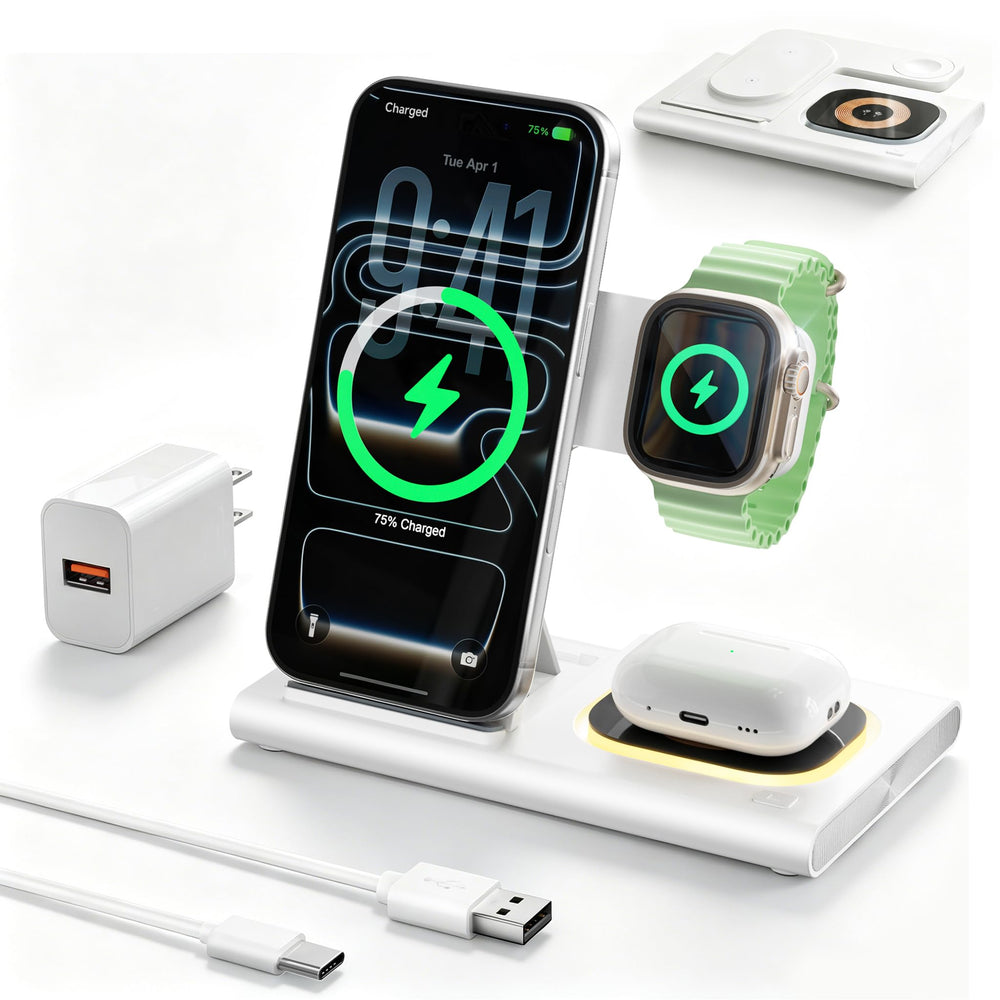 Aresh frente de la estación de carga mostrando iPhone, Apple Watch y AirPods cargando