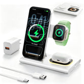 Aresh frente de la estación de carga mostrando iPhone, Apple Watch y AirPods cargando