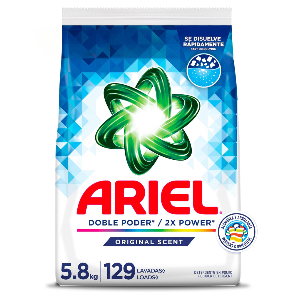 ARIEL frente del empaque mostrando la marca y cantidad 5.8 kg, ahorro