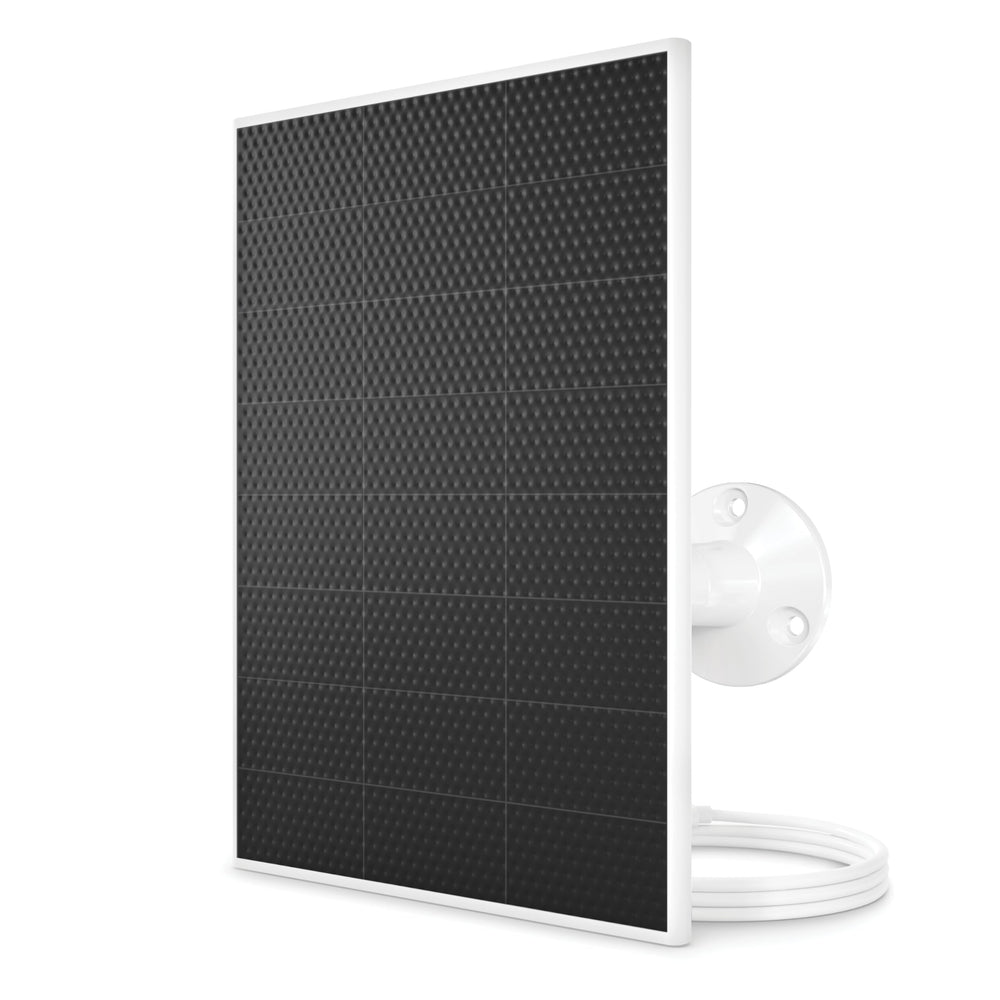 Arlo panel solar frontal mostrando diseño blanco y aporte de energía