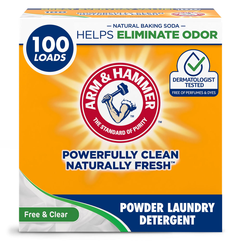 Arm & Hammer frente del paquete mostrando marca y libre de fragancias, limpieza eficaz