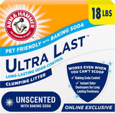 Arm & Hammer paquete frontal mostrando 18 lb y marca, beneficio control de olores