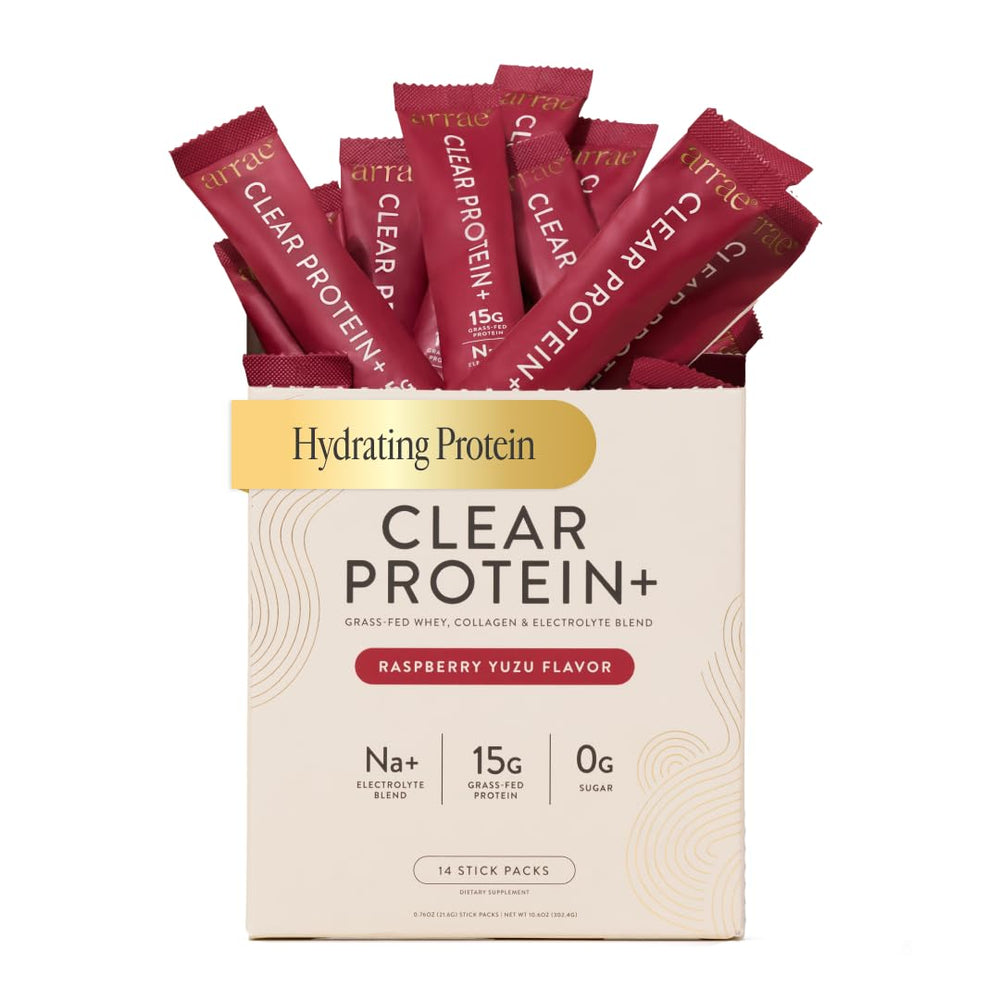 Arrae Clear Protein presentación frontal mostrando caja y sobres, práctico y portátil