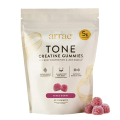 Arrae envase frontal de gomitas creatina mixed berry muestra cantidad y beneficios