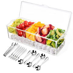 ARSTPEOE front view of chilled condiment tray showing clear compartments and contents for organized serving
