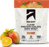 Ascent frasco frontal del Clear Whey mostrando el sabor Naranja Mango y beneficio refrescante