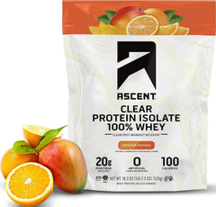 Ascent frasco frontal del Clear Whey mostrando el sabor Naranja Mango y beneficio refrescante