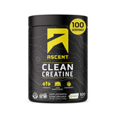 Ascent Creapure frontal del envase mostrando 100 porciones y marca, confianza en pureza