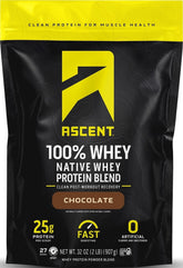 Ascent envase frontal mostrando el diseño y sabor chocolate, aporte claro de proteína