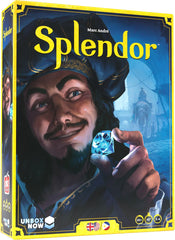 Asmodee caja delantera de Splendor, presenta el juego y atrae jugadores