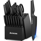 Astercook vista frontal del bloque y cuchillos, presentación ordenada y segura