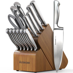 Astercook vista frontal del set en bloque, almacenamiento organizado y elegante