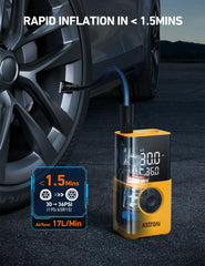 AstroAI L7S inflando neumático de coche, rapidez y control visibles