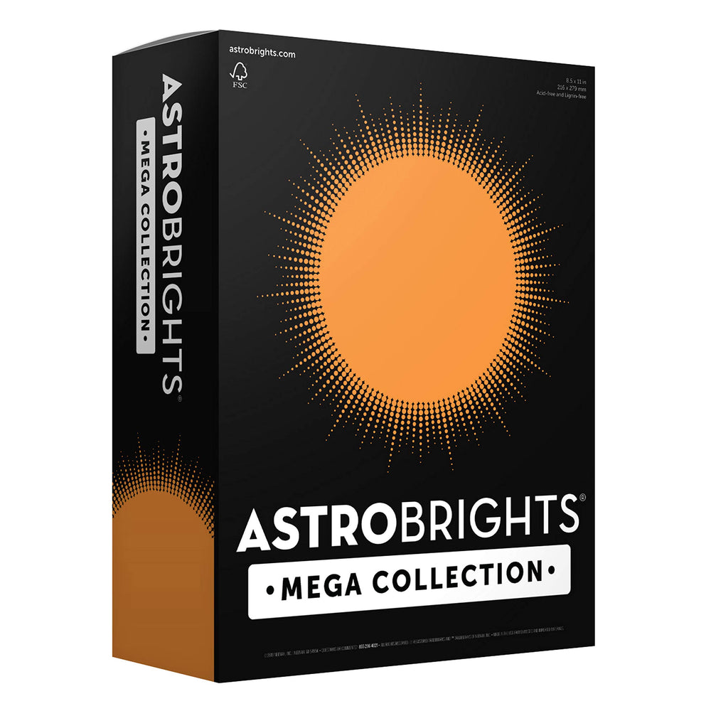 Astrobrights empaque frontal mostrando 625 hojas naranja brillante y ahorro