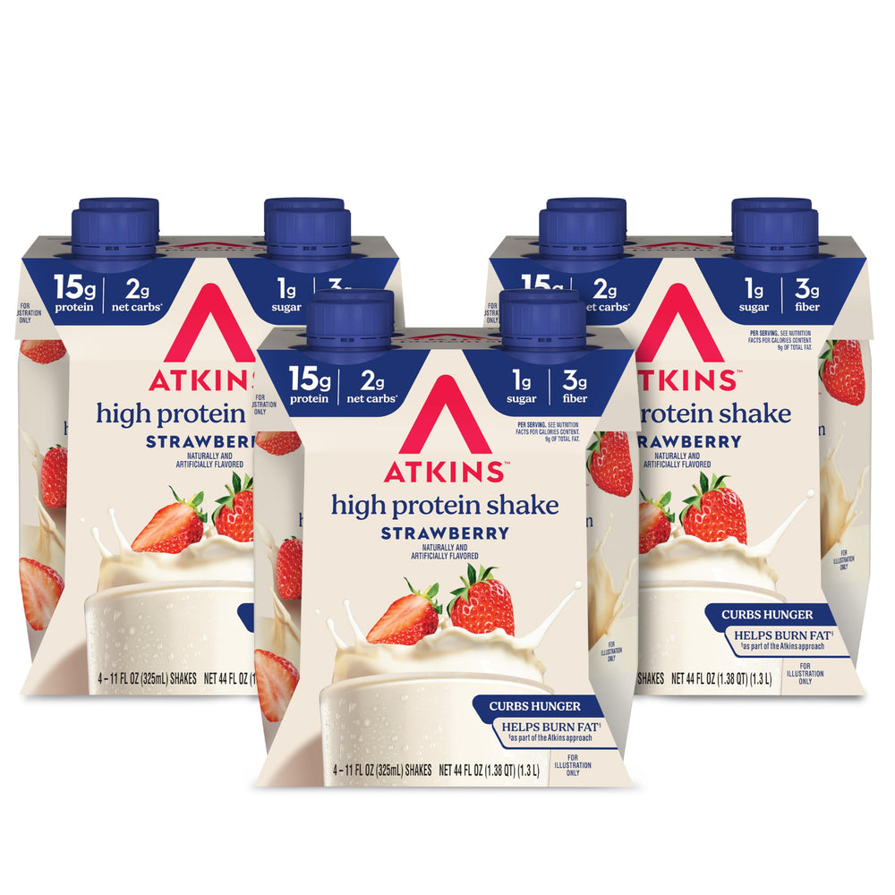 Atkins batido fresa vista frontal con etiqueta clara y beneficios nutricionales