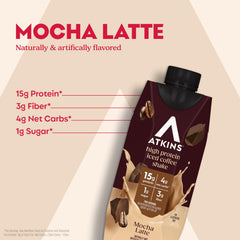 Atkins bottle close-up showing label and creamy texture for satisfying flavor