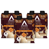 Atkins botella frontal con etiqueta café caramelo que muestra información nutricional y beneficio práctico