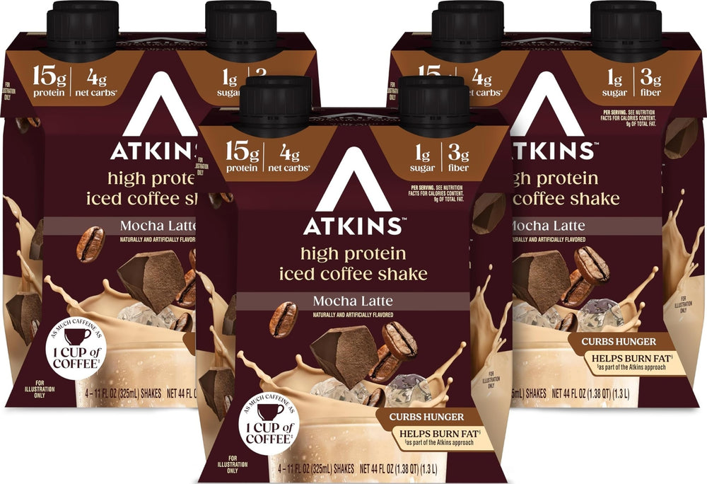 Atkins front packaging showing 12-count convenience and mocha latte flavor benefits