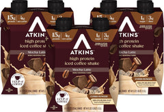 Atkins front packaging showing 12-count convenience and mocha latte flavor benefits