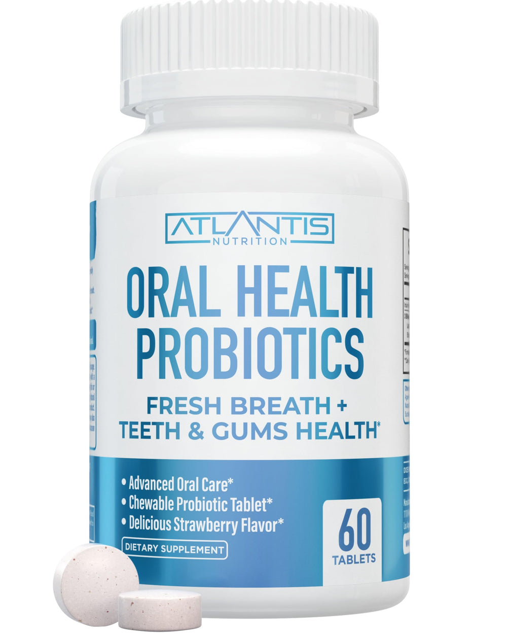 Atlantis Nutrition envase frontal mostrando 60 tabletas y sabor fresa
