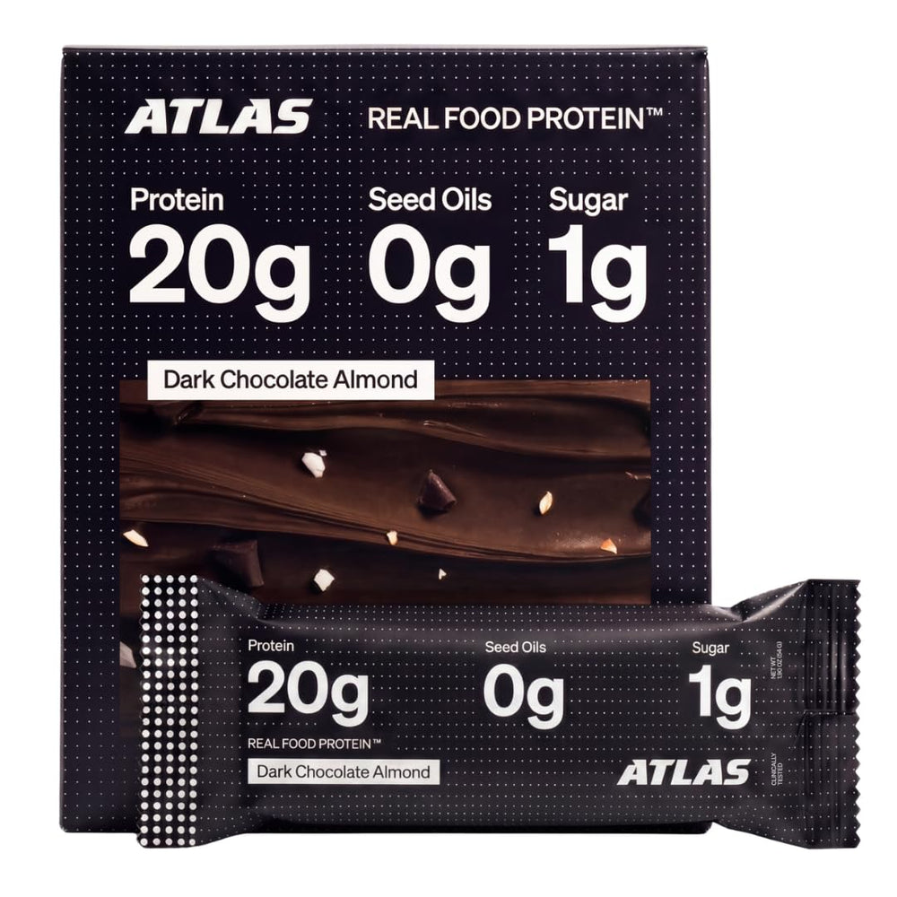 Atlas muestra frente del paquete Dark Chocolate Almond con información clara