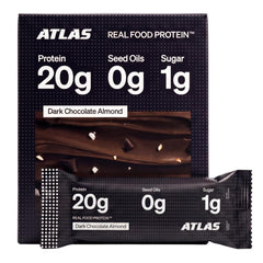 Atlas muestra frente del paquete Dark Chocolate Almond con información clara