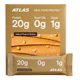 Atlas Real Food vista frontal del paquete mostrando la marca y sabor Salted Peanut Butter, ideal para elegir en tienda