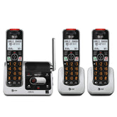 AT&T frontal del conjunto BL102-3 en plata y negro mostrando los tres auriculares y la base, claridad visual