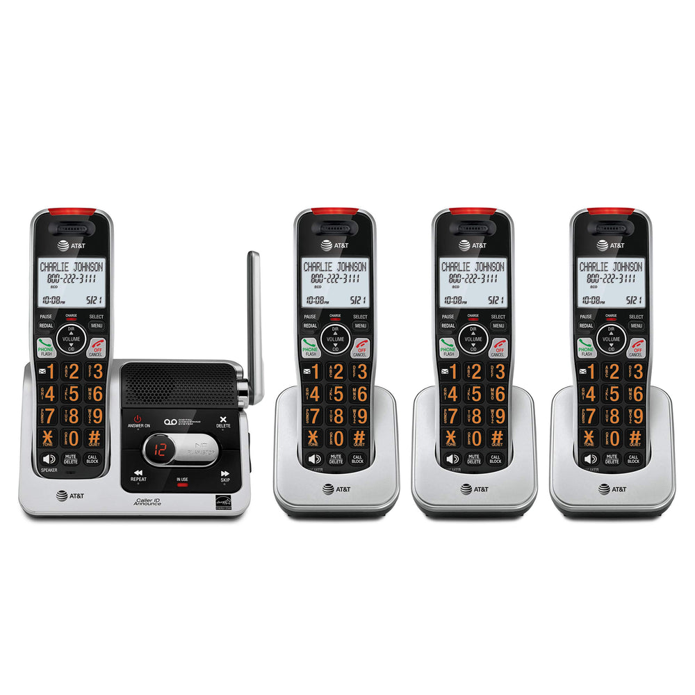 AT&T vista frontal del conjunto con cuatro auriculares y base, claro y ordenado