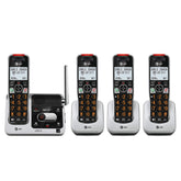 AT&T vista frontal del conjunto con cuatro auriculares y base, claro y ordenado