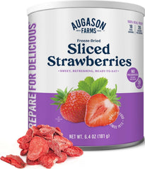 Augason Farms lata frontal mostrando fresas liofilizadas, práctico y duradero