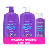Aussie frente del pack con shampoo acondicionador y mascarilla mostrando tamaño
