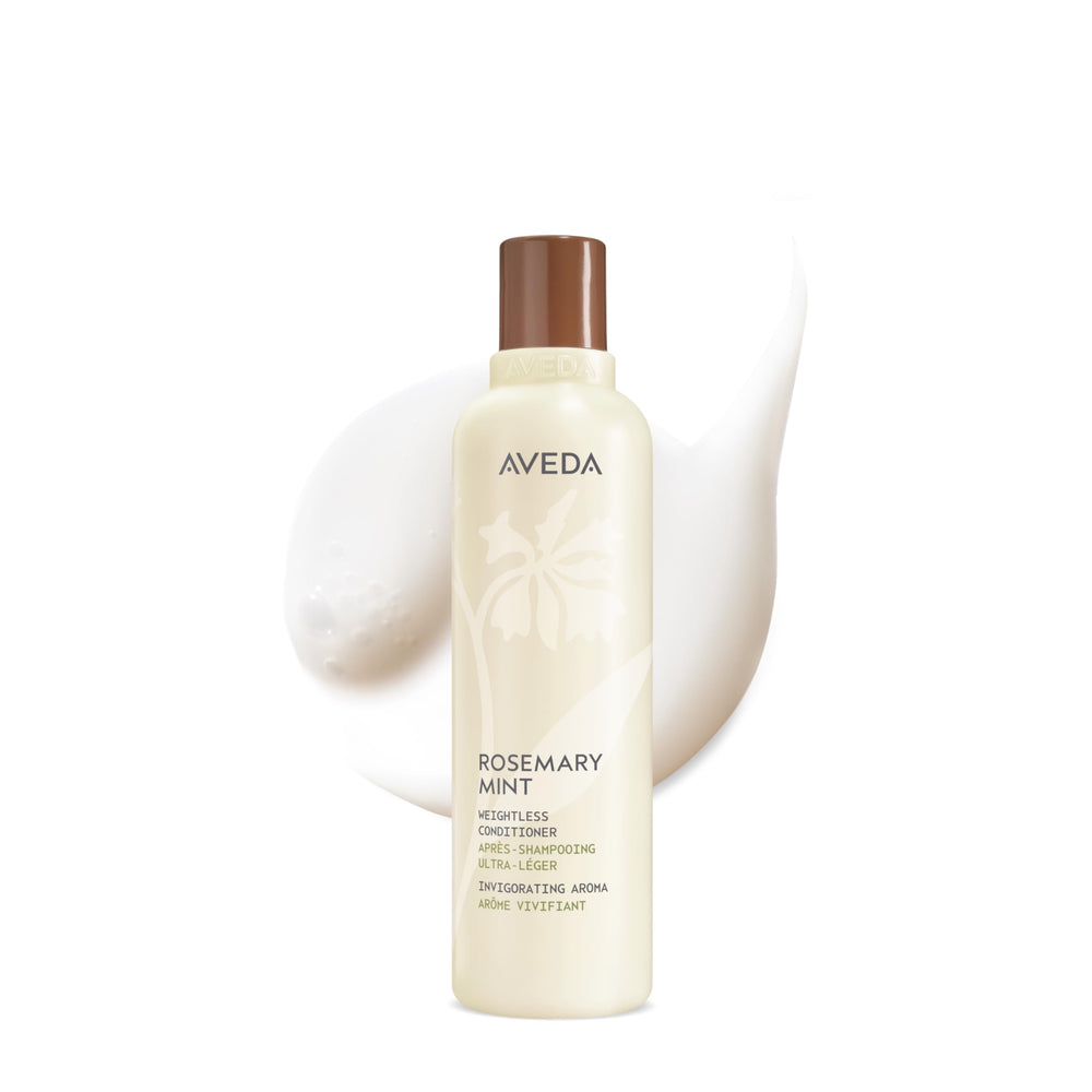 Aveda botella frontal mostrando romero menta y beneficio desenreda