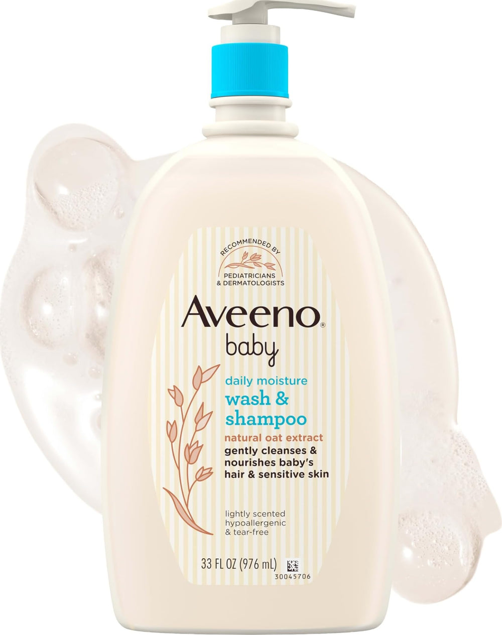 Aveeno Baby botella frontal 33 fl oz mostrando tamaño y practicidad