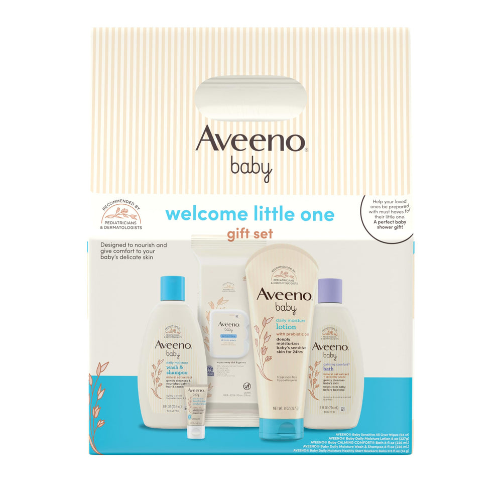 Aveeno Baby frontal packaging mostrando las cinco piezas para regalo y confianza