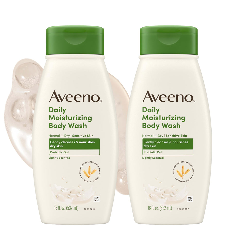 Aveeno frente del empaque mostrando tamaño y Pack doble, claridad de producto