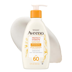 Aveeno frente del envase con bomba mostrando facilidad de uso y protección