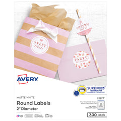 Avery etiqueta redonda frontal mostrando diseño y acabado mate para marca clara