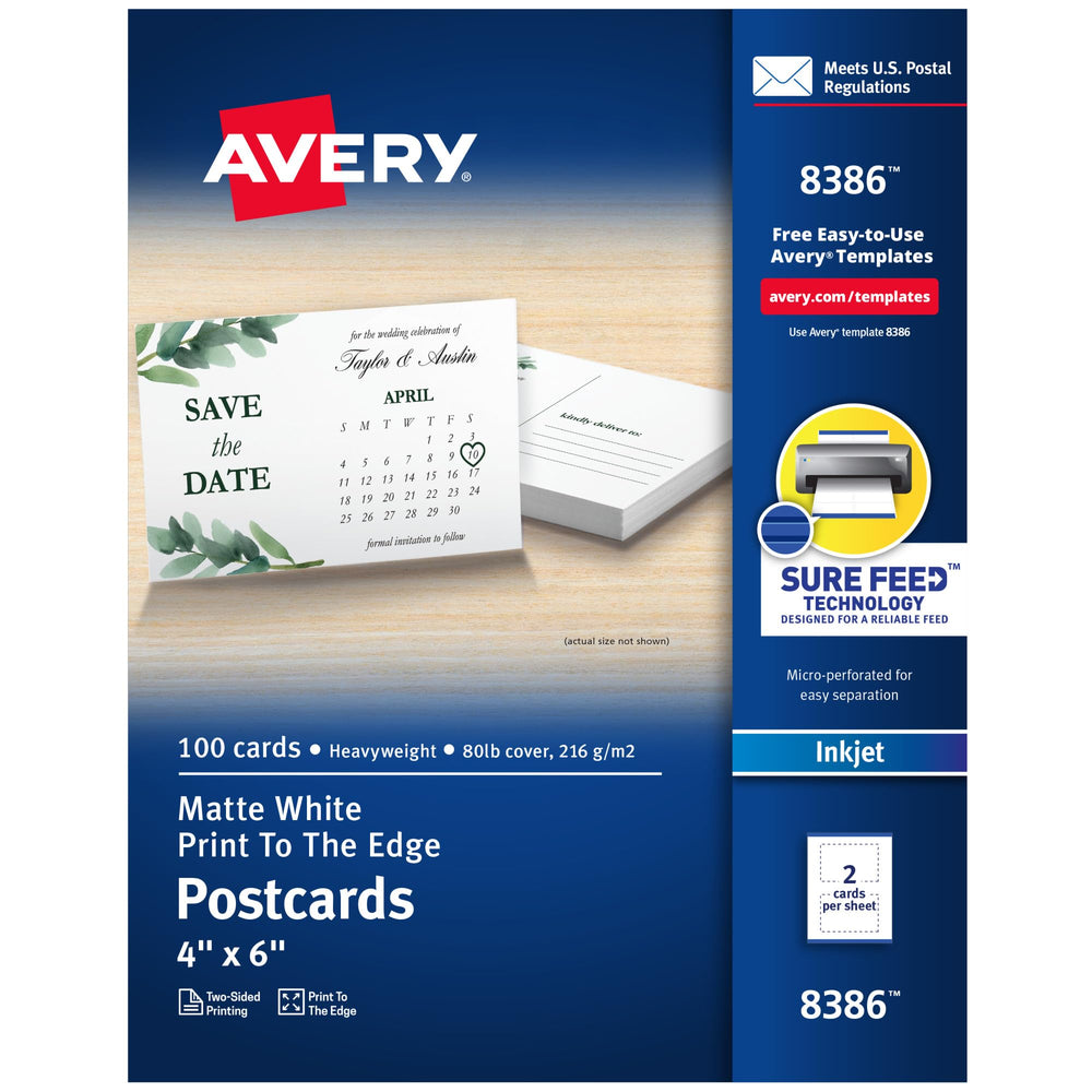 Avery frente del paquete mostrando 100 postales blancas, ideal para personalizar