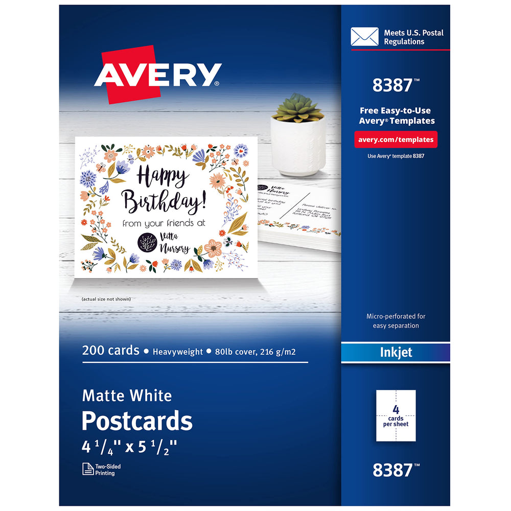 Avery postal paquete frontal mostrando 200 postales y beneficio envío rápido