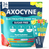 AXOCYNE frente del paquete mostrando 34 sobres y variedad de sabores