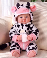 BABESIDE vista frontal empacada mostrando traje de vaca y tamaño ideal
