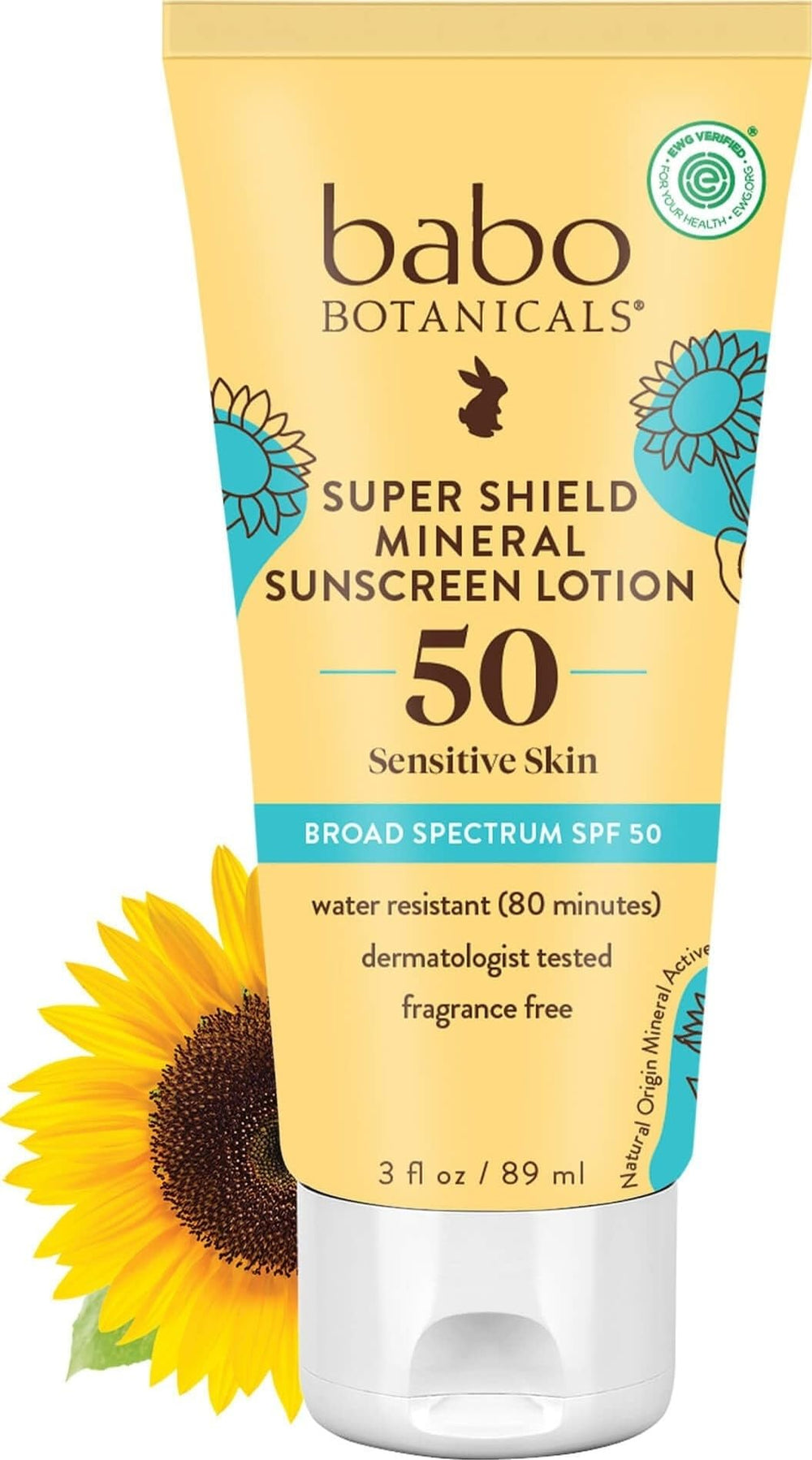 Babo Botanicals envase frontal mostrando SPF 50 y uso familiar