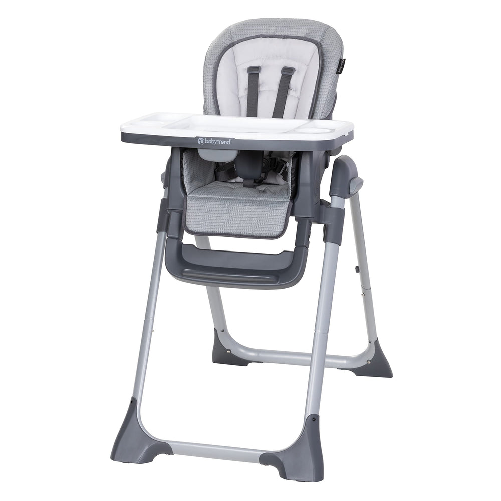 Baby Trend vista frontal de la trona Cozy Grey con diseño moderno y estable