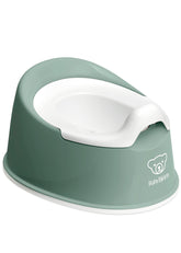BabyBjörn Smart Potty front view showing deep green seat and white base, easy placement benefit