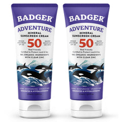 Badger envase frontal mostrando SPF 50 y beneficios ambientales