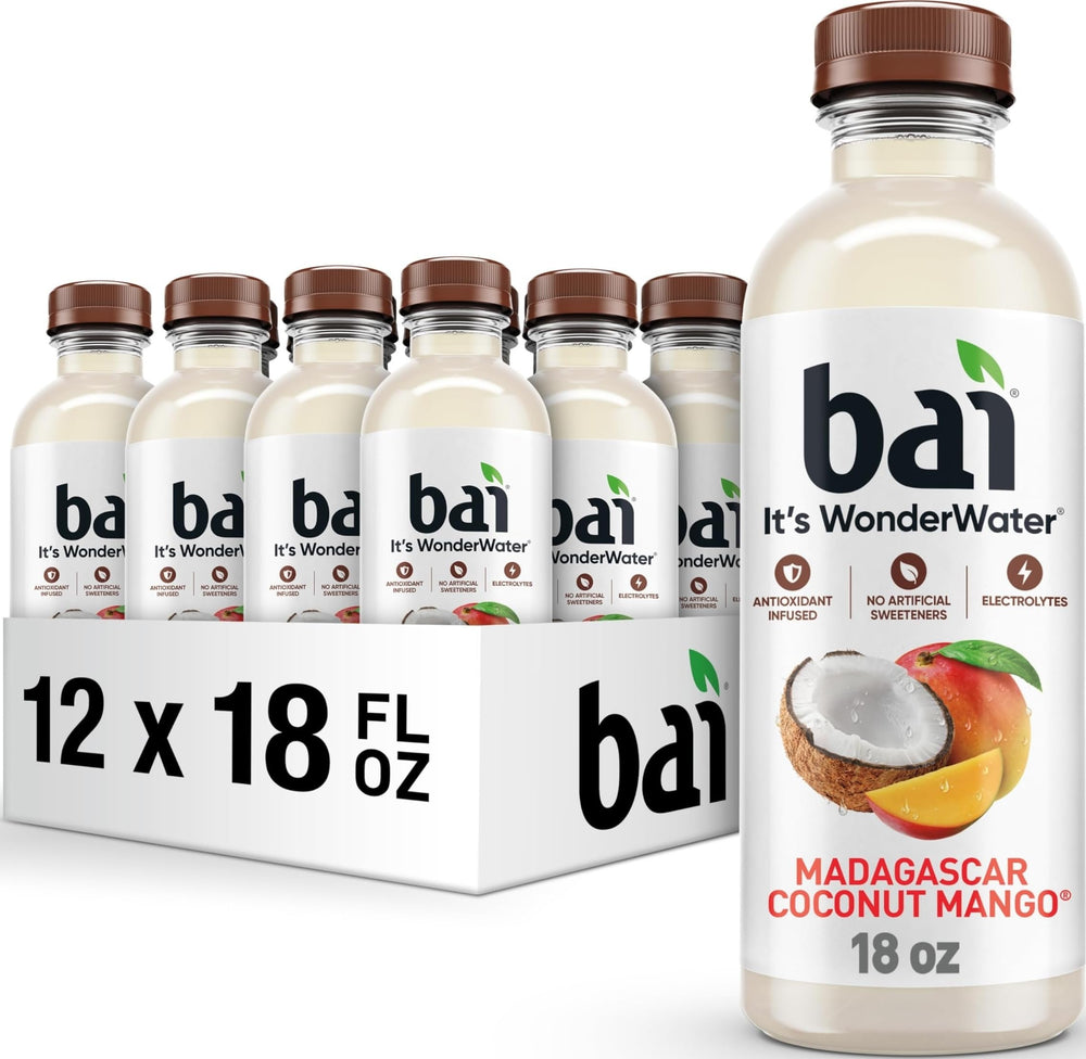 Bai bottle front packaging showing Madagascar Coconut Mango flavor and benefits