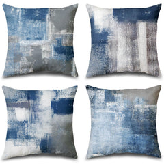 Balaena funda de cojín frontal con arte abstracto azul y gris mostrando diseño elegante