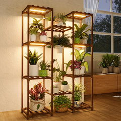 Bamworld front view plant stand showing tiered pots and warm light, enhances display