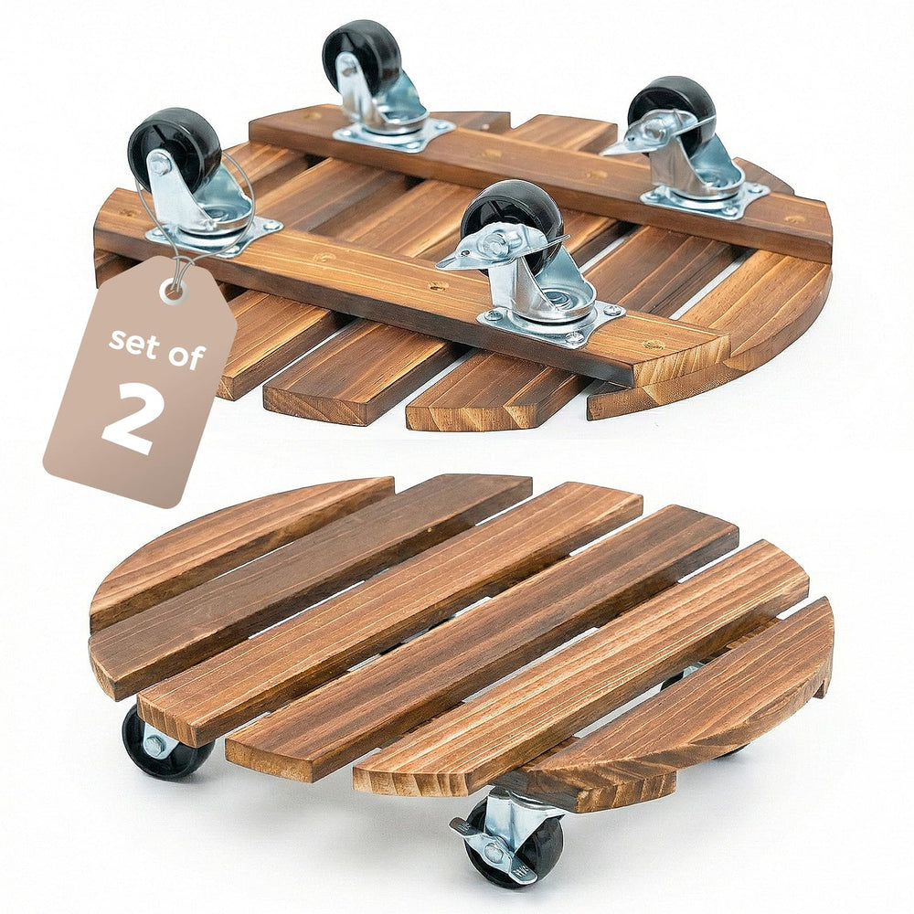 Bamworld par de plant caddies frontal mostrando diseño y ruedas, facilita mover macetas